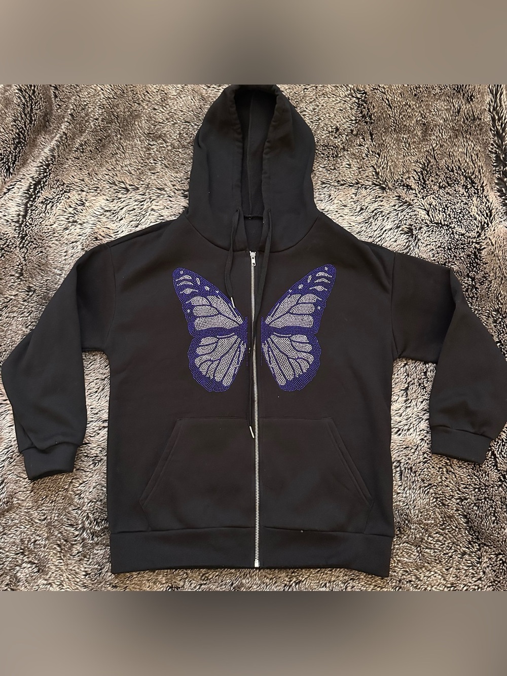 Black Zip-Up Hoodie with Blue Sequin Butterfly